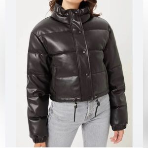 Cropped Faux Leather Puffer Jacket